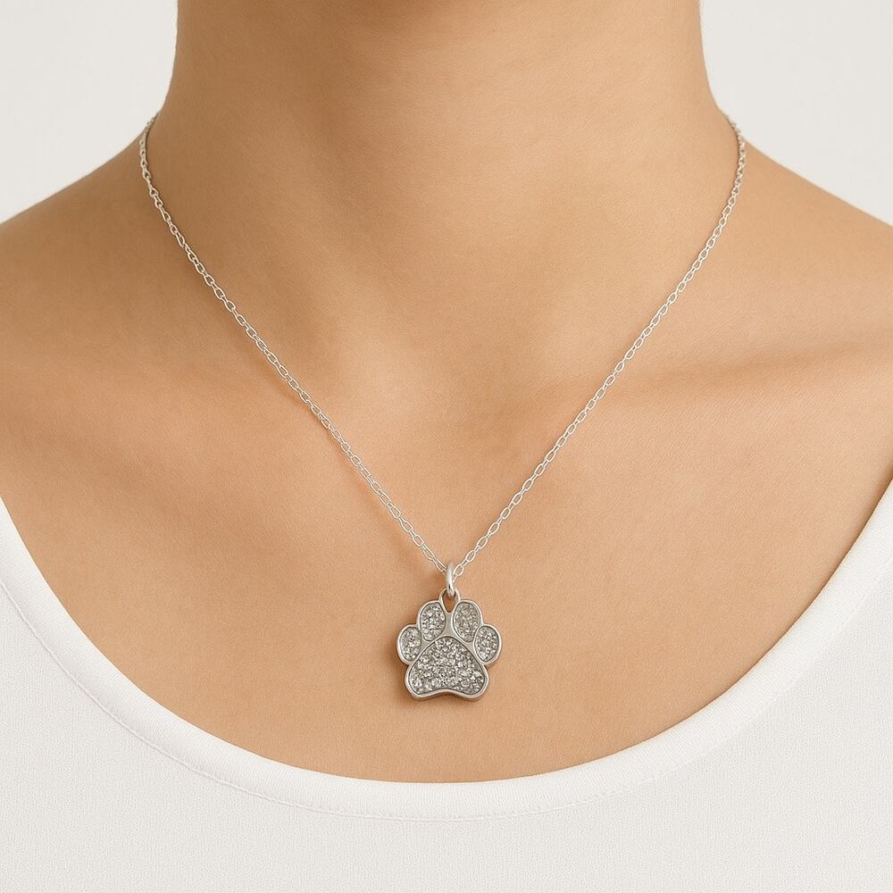 New Silver plated Rhinestone Paw Print Pendant Necklace 18” – Pet Lover Gift